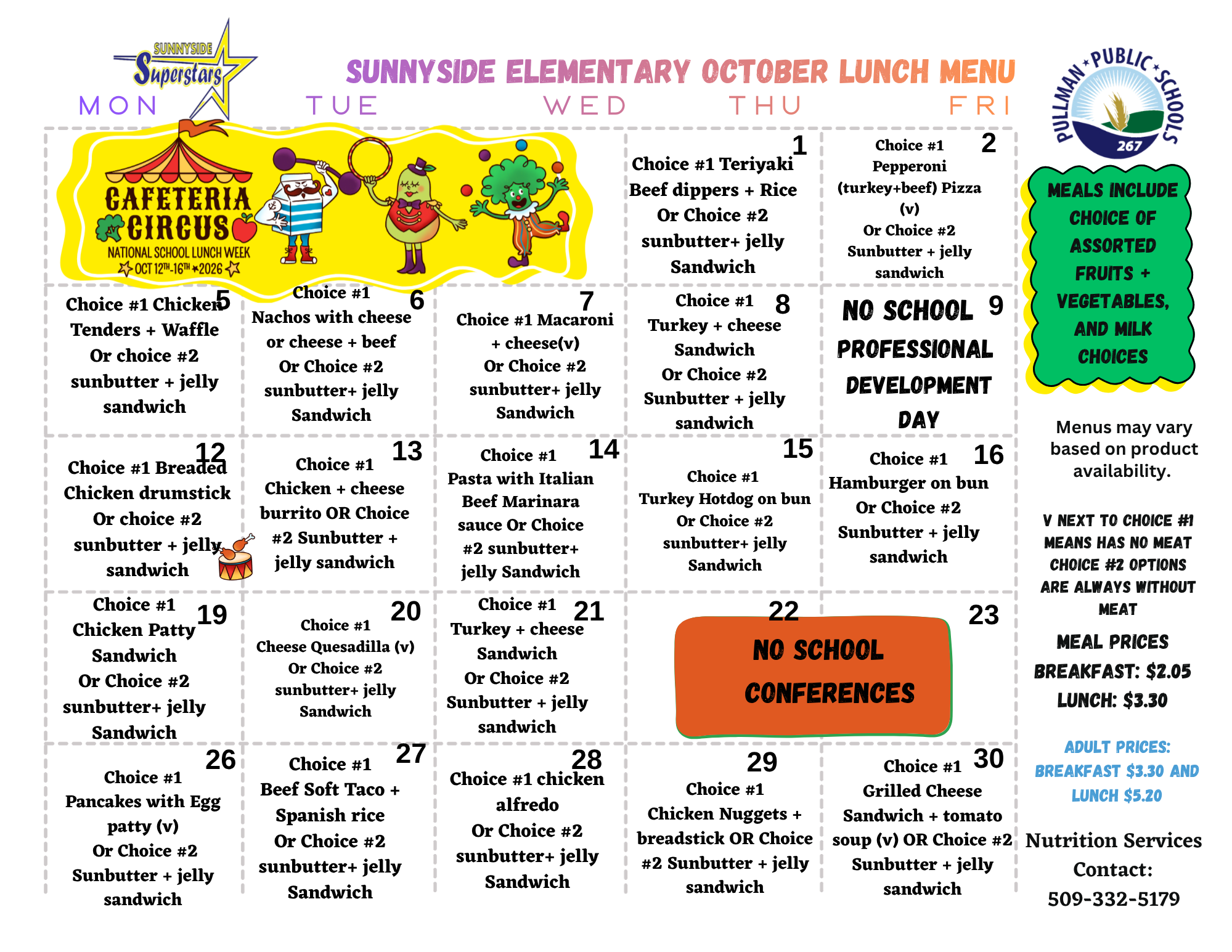 Sunnyside Elementary School October lunch menu calendar with daily meal options.